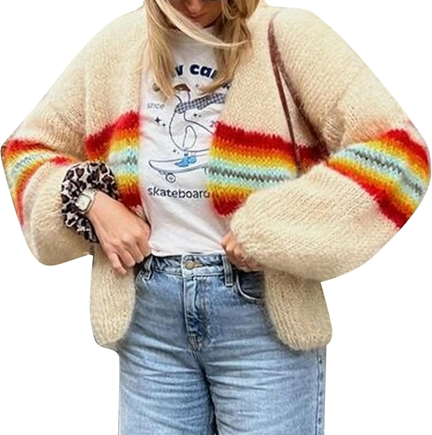 Flygo Fall Cardigans for Women 2024 Color Block Striped Cardigan Sweater Lightweight Open Front Cardigan Sweaters Tops