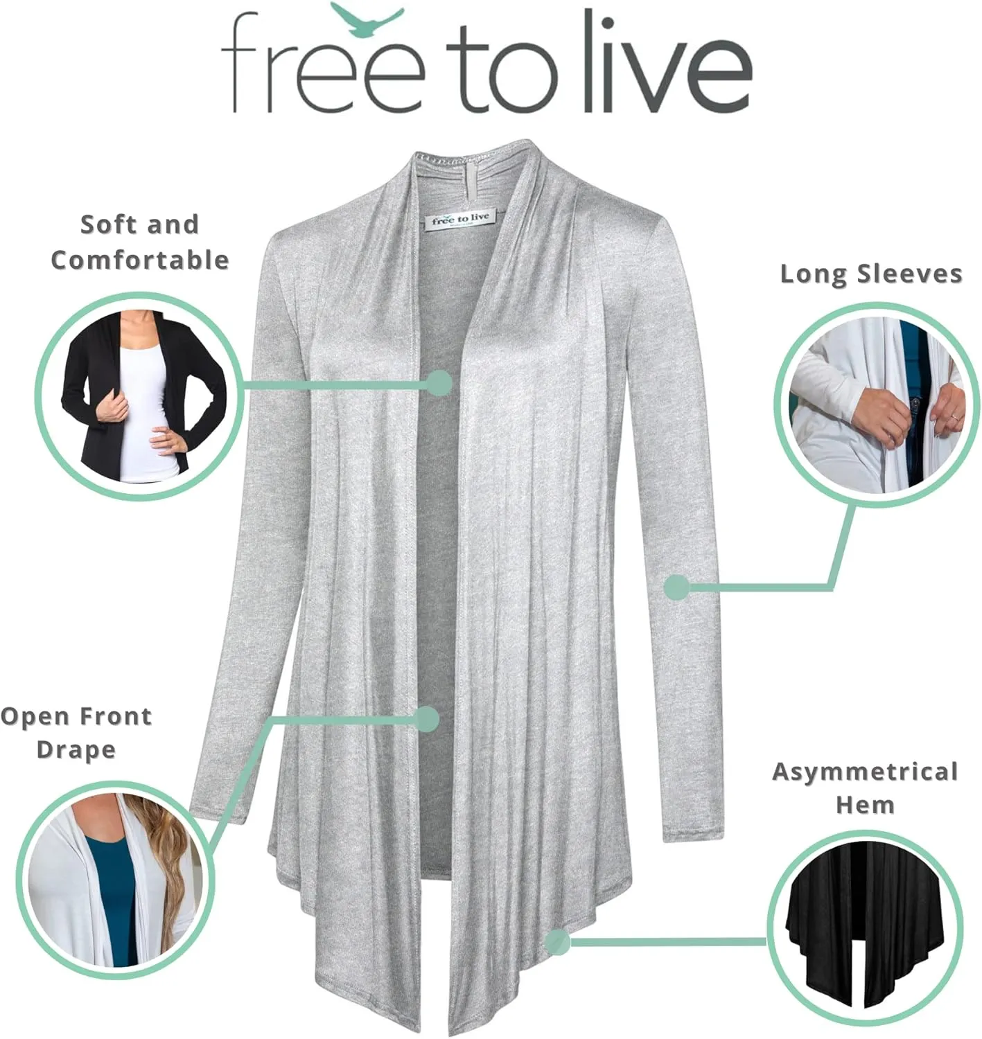 Free to Live 3 Pack Long Sleeve Cardigan for Women Open Front Dressy Casual Fall Draped Lightweight Sweaters Cover Up Shrugs