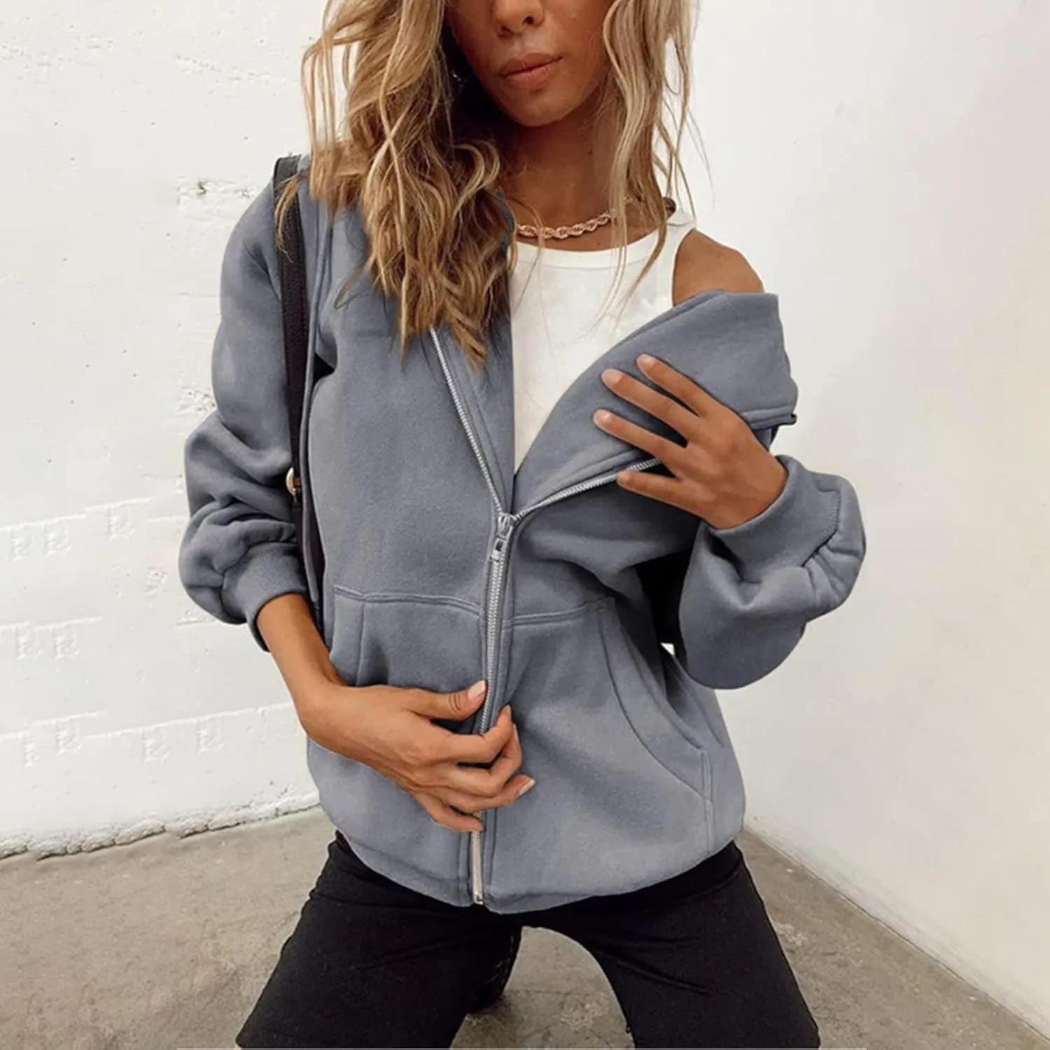 fuzzy jackets for women Women's Fall Jacket Oversized Pocket Sweatshirt Casual Drawstring Clothing Zipper
