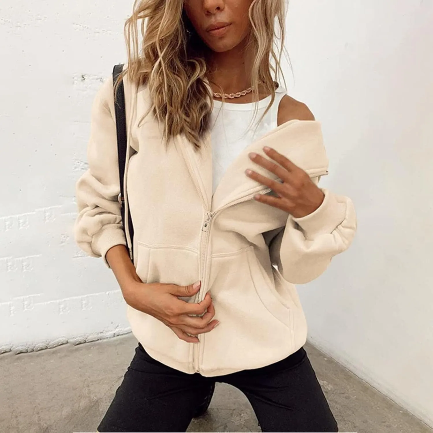 fuzzy jackets for women Women's Fall Jacket Oversized Pocket Sweatshirt Casual Drawstring Clothing Zipper