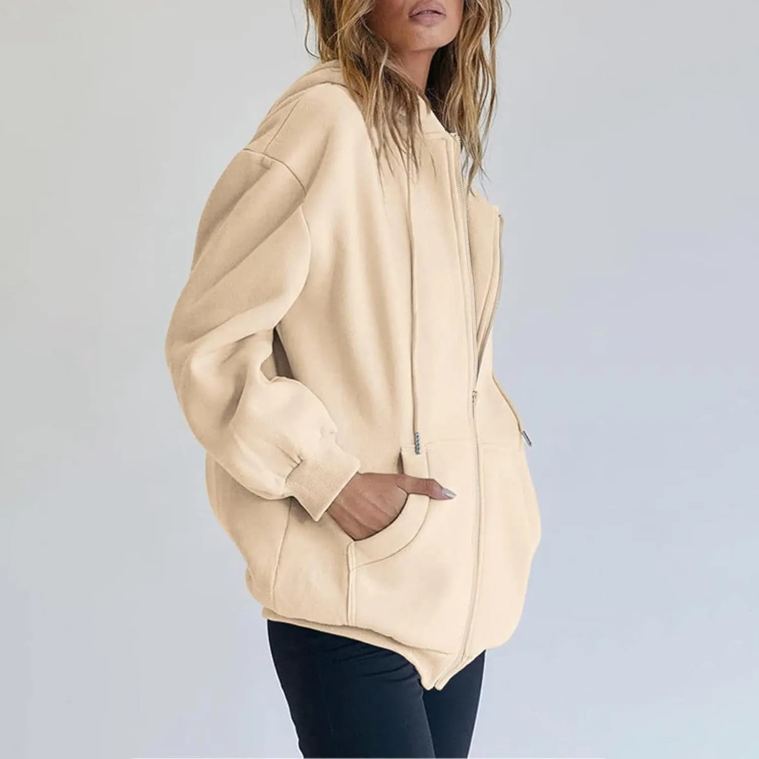 fuzzy jackets for women Women's Fall Jacket Oversized Pocket Sweatshirt Casual Drawstring Clothing Zipper