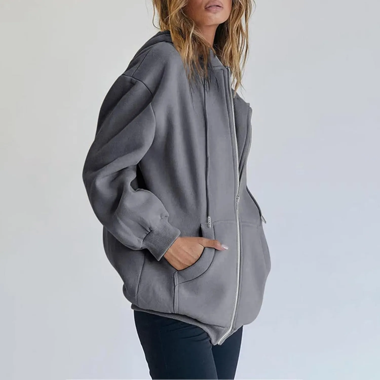 fuzzy jackets for women Women's Fall Jacket Oversized Pocket Sweatshirt Casual Drawstring Clothing Zipper