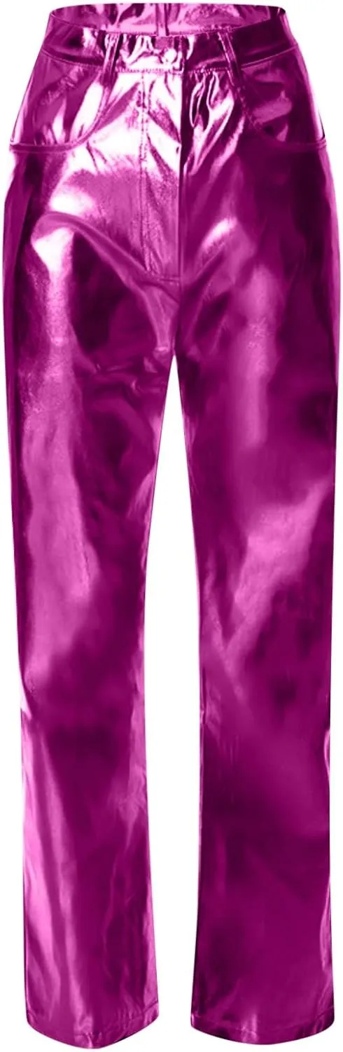 FZVYD Women's Shiny Metallic Straight Leg Faux Leather Pants High Waist Satin Cargo Pants 2024 Y2K Punk Trousers with Pockets