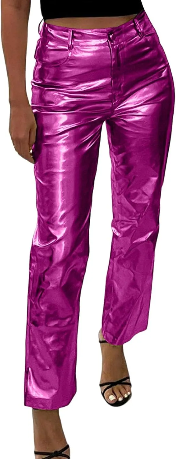 FZVYD Women's Shiny Metallic Straight Leg Faux Leather Pants High Waist Satin Cargo Pants 2024 Y2K Punk Trousers with Pockets