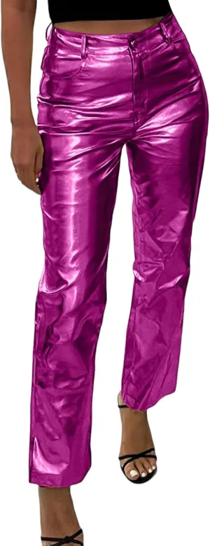 FZVYD Women's Shiny Metallic Straight Leg Faux Leather Pants High Waist Satin Cargo Pants 2024 Y2K Punk Trousers with Pockets
