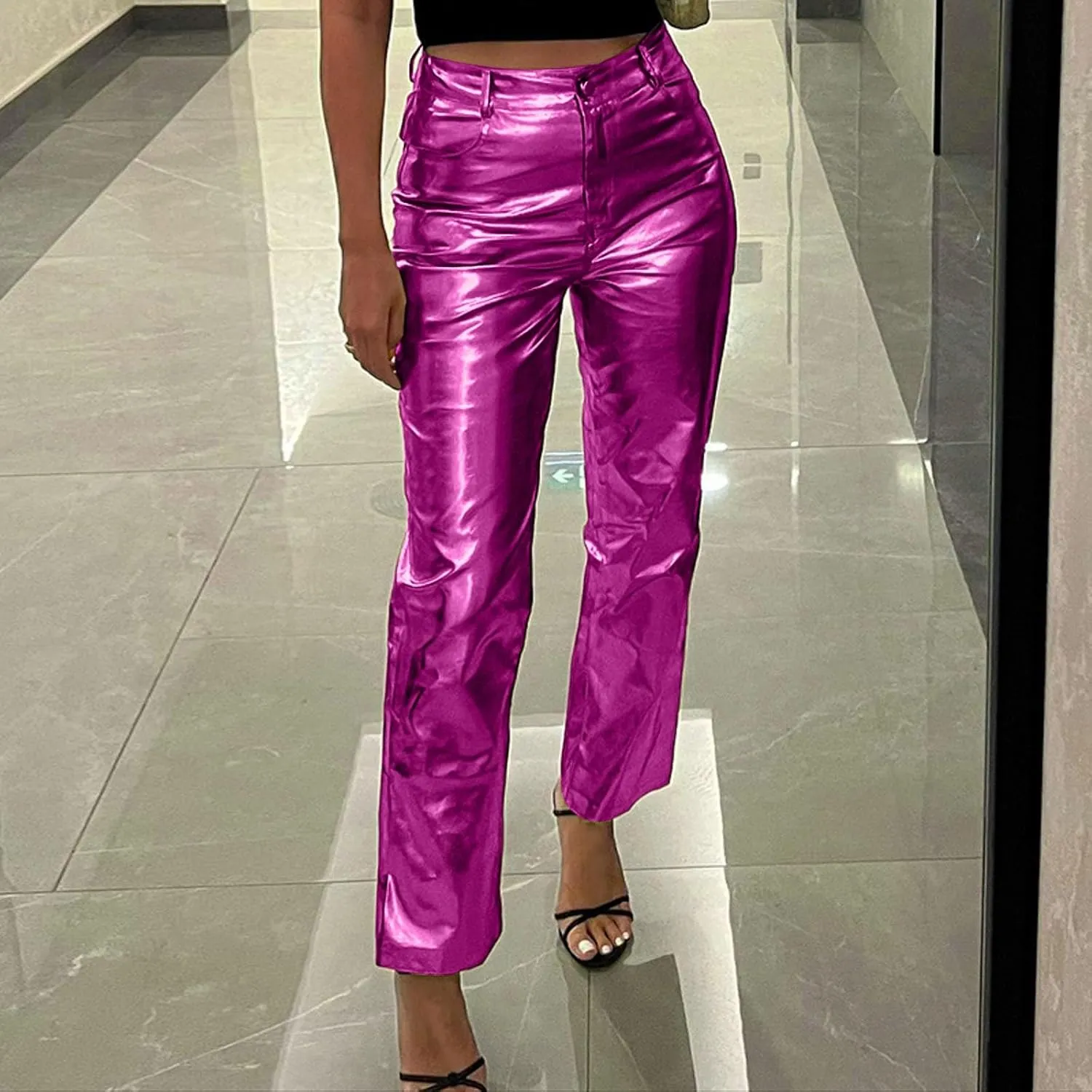 FZVYD Women's Shiny Metallic Straight Leg Faux Leather Pants High Waist Satin Cargo Pants 2024 Y2K Punk Trousers with Pockets
