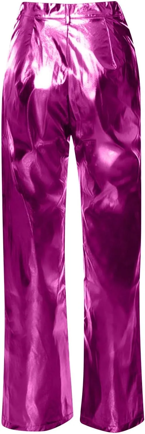 FZVYD Women's Shiny Metallic Straight Leg Faux Leather Pants High Waist Satin Cargo Pants 2024 Y2K Punk Trousers with Pockets