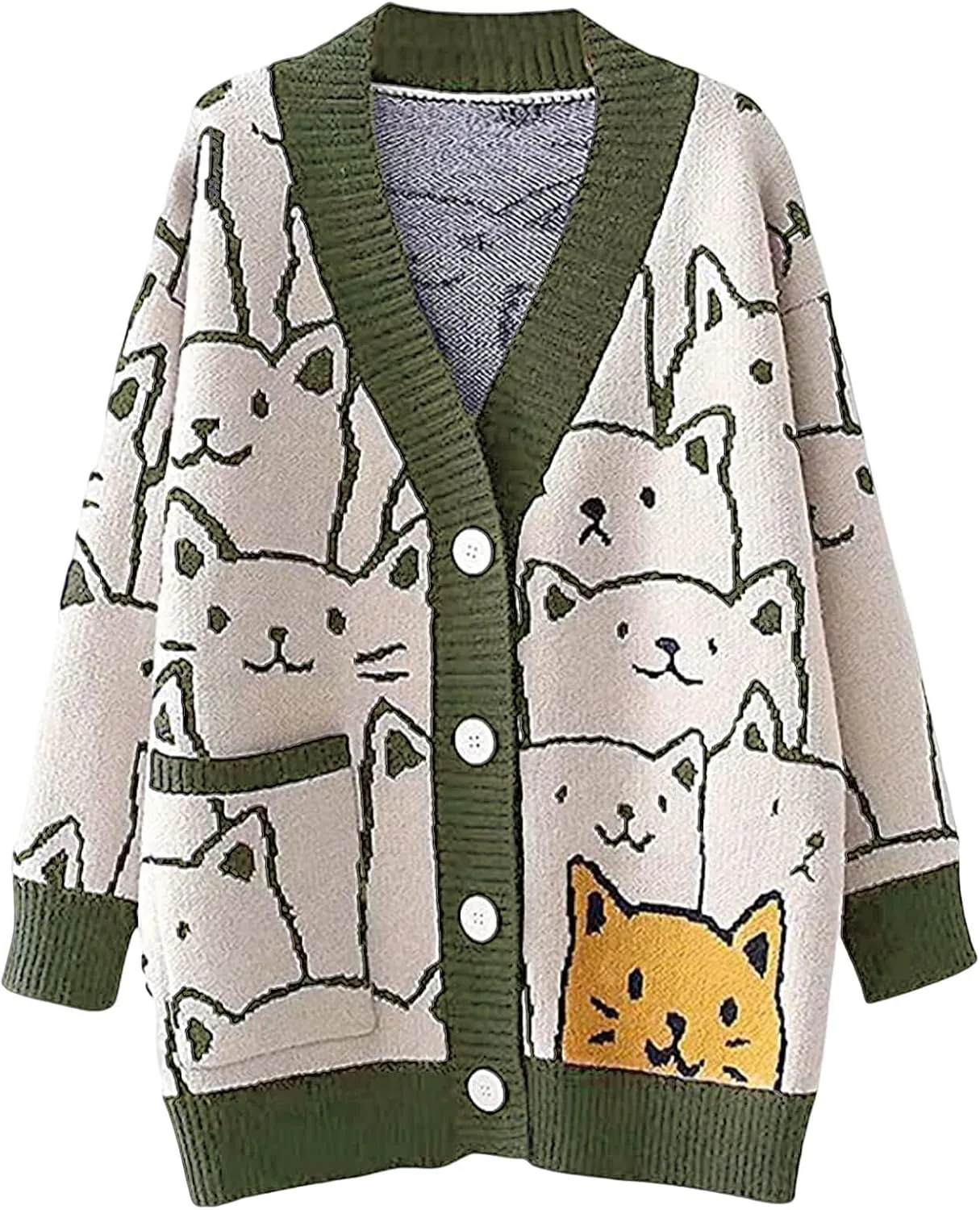 Gihuo Women Cat Sweater Oversized Cute Kawaii Cardigan Knit Graphic V Neck Loose Fit Long Sleeve Cardigan