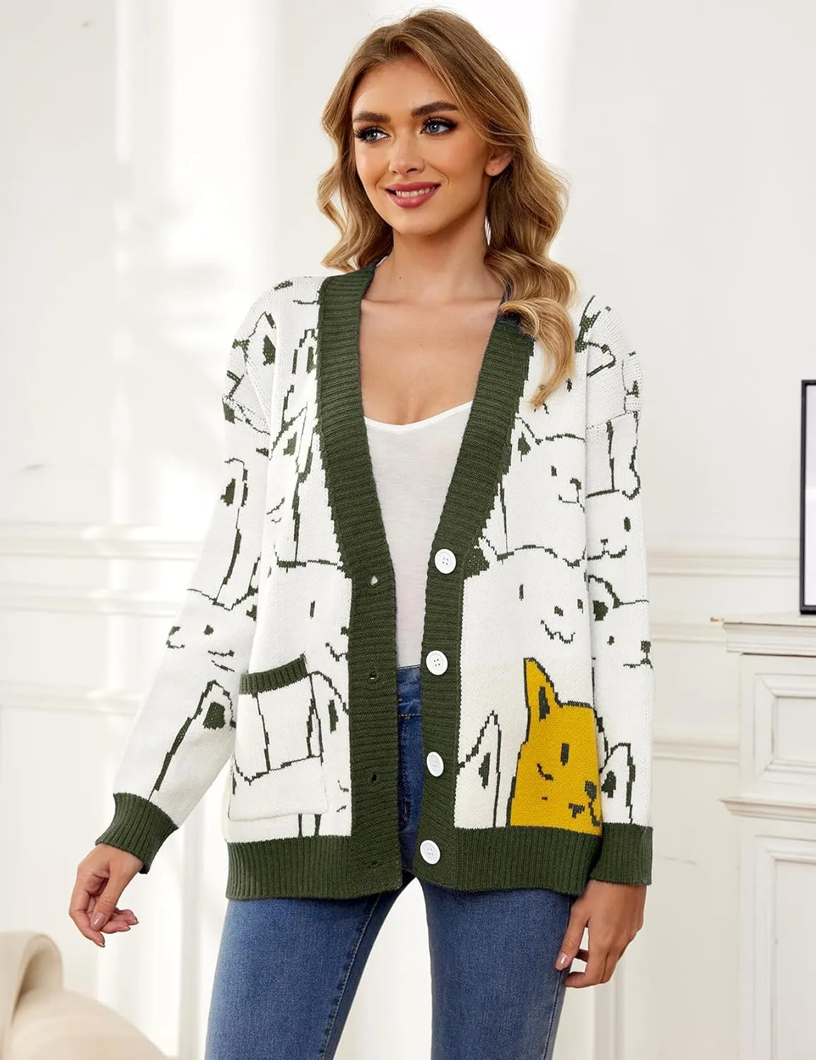 Gihuo Women Cat Sweater Oversized Cute Kawaii Cardigan Knit Graphic V Neck Loose Fit Long Sleeve Cardigan