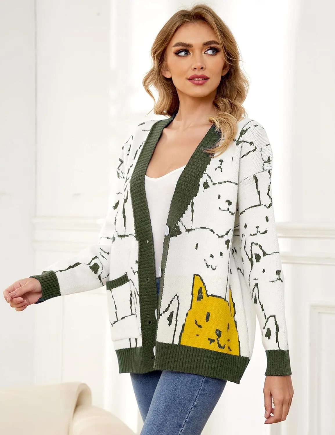 Gihuo Women Cat Sweater Oversized Cute Kawaii Cardigan Knit Graphic V Neck Loose Fit Long Sleeve Cardigan