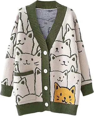 Gihuo Women Cat Sweater Oversized Cute Kawaii Cardigan Knit Graphic V Neck Loose Fit Long Sleeve Cardigan