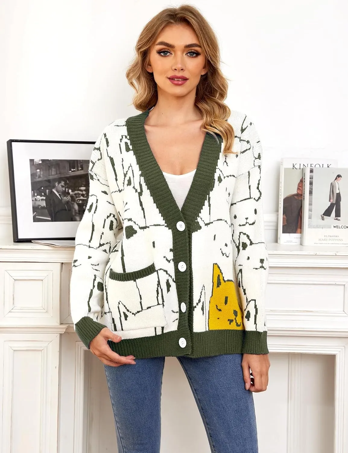 Gihuo Women Cat Sweater Oversized Cute Kawaii Cardigan Knit Graphic V Neck Loose Fit Long Sleeve Cardigan