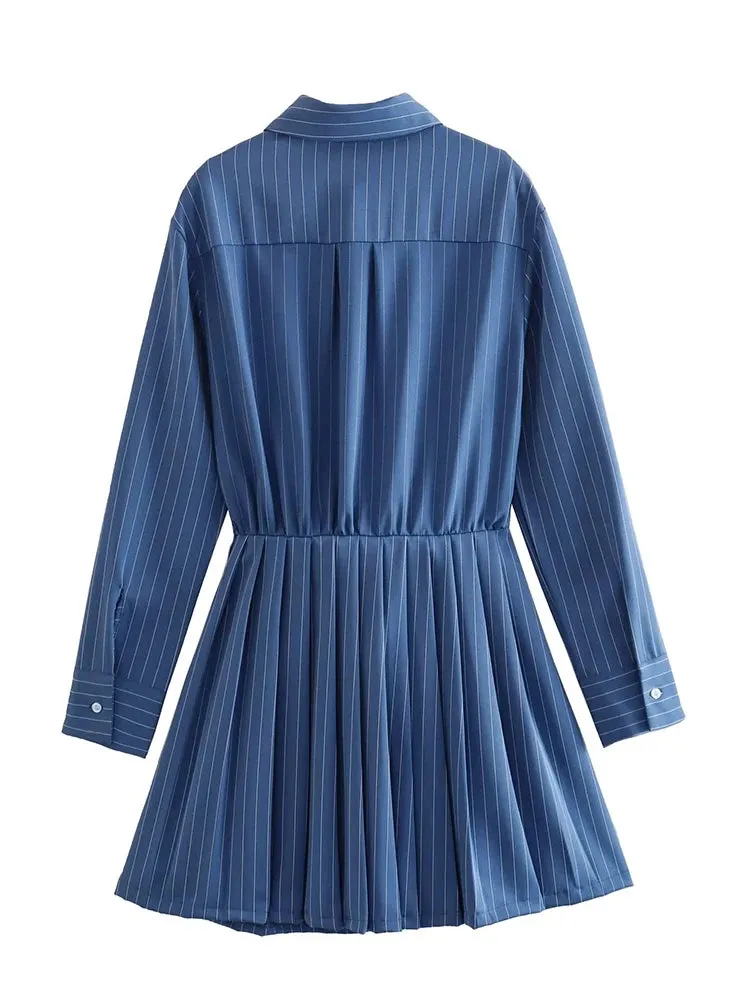 Girlary  Women Navy Blue Striped Short Shirt Dress Vintage Long Sleeve Hem Box Pleat Female Asymmetric Dresses