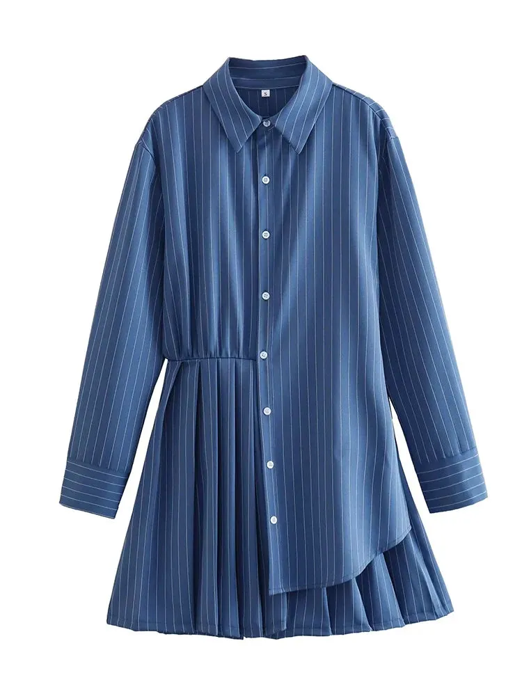 Girlary  Women Navy Blue Striped Short Shirt Dress Vintage Long Sleeve Hem Box Pleat Female Asymmetric Dresses