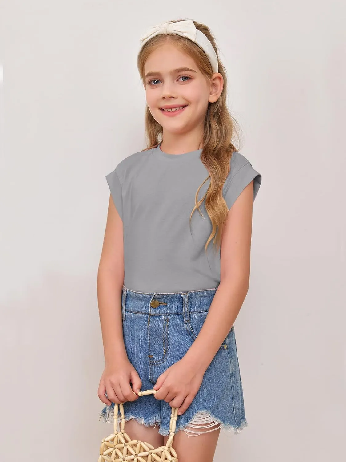 Haloumoning Girls Cap Sleeve Tops Summer Crewneck Tank Tops Cute T-Shirt Blouse 5-14 Years