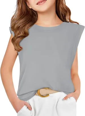 Haloumoning Girls Cap Sleeve Tops Summer Crewneck Tank Tops Cute T-Shirt Blouse 5-14 Years