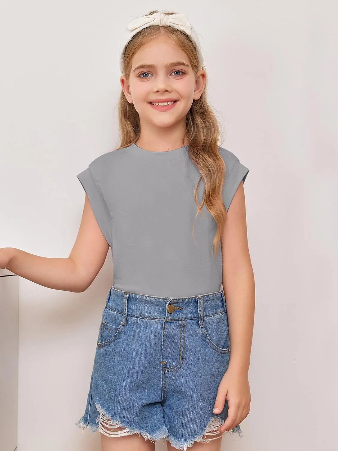 Haloumoning Girls Cap Sleeve Tops Summer Crewneck Tank Tops Cute T-Shirt Blouse 5-14 Years