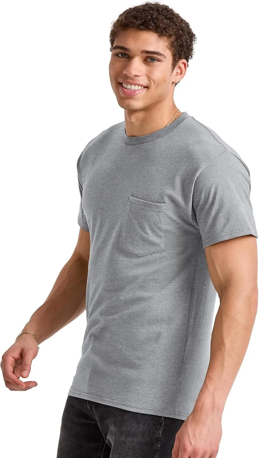 Hanes Men's Essentials Short-Sleeve Pocket T-Shirt Pack, Cotton Crewneck Tee, 3-Pack