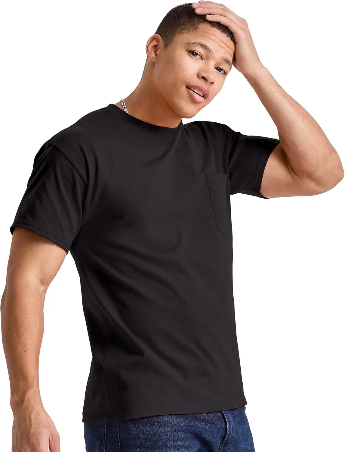 Hanes Men's Essentials Short-Sleeve Pocket T-Shirt Pack, Cotton Crewneck Tee, 3-Pack
