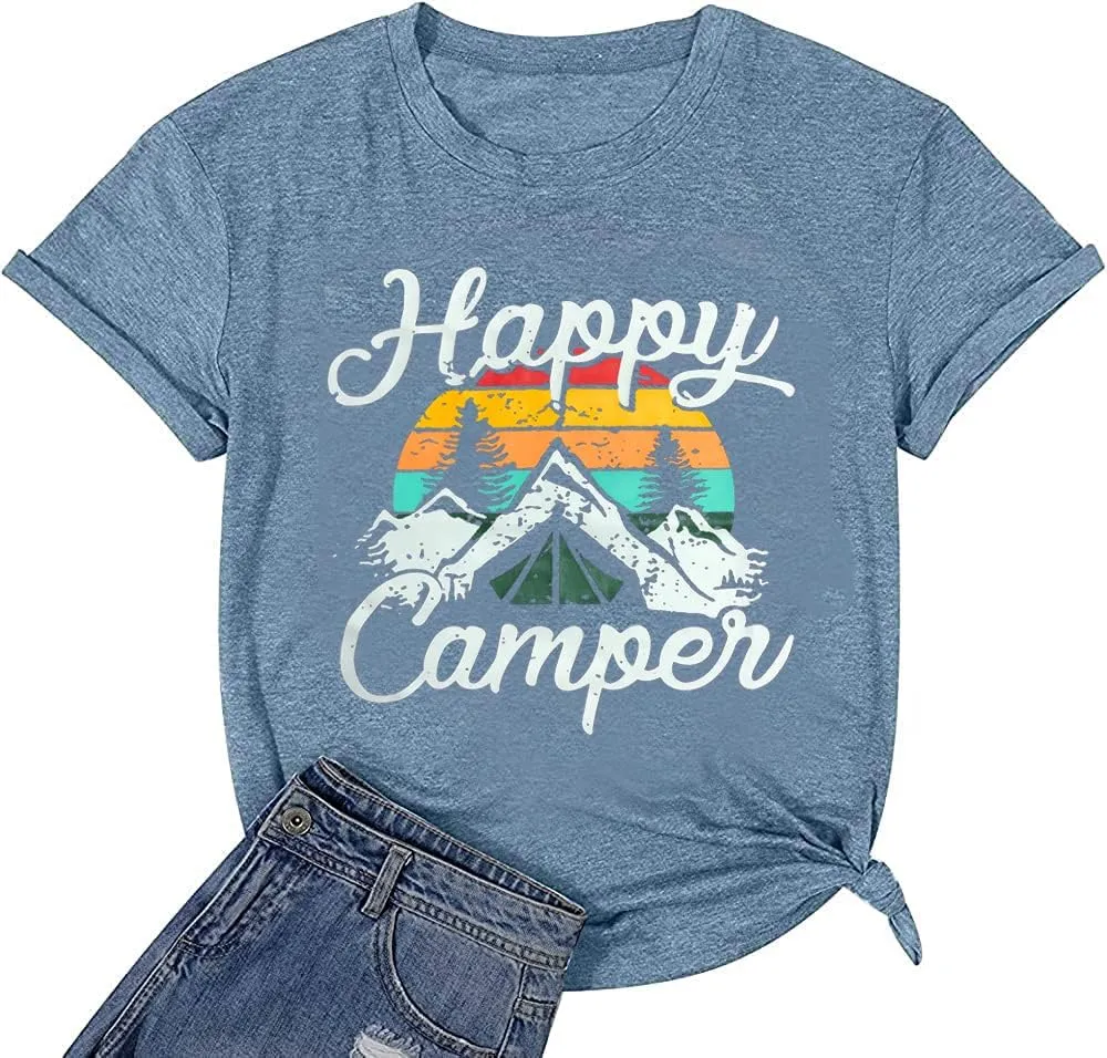 Happy Camp T-Shirt Women Hiking Mountain Adventure Novelty Workout Funny Saying Cute Graphic Athletic Shirt