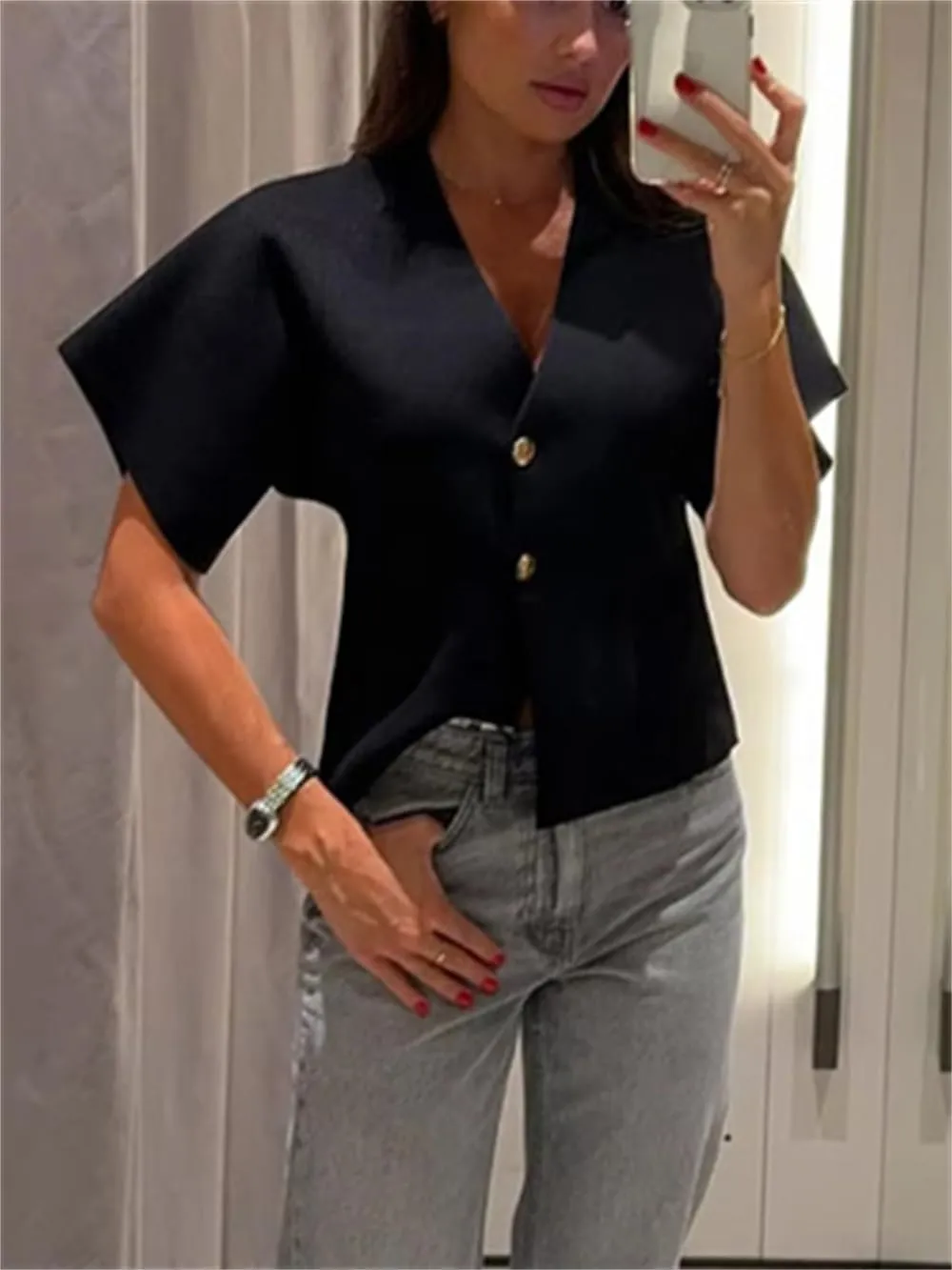hathne Women's V Neck Short Sleeve Cardigan Sweater Button Down Ribbed Knit Tops