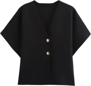 hathne Women's V Neck Short Sleeve Cardigan Sweater Button Down Ribbed Knit Tops