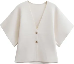 hathne Women's V Neck Short Sleeve Cardigan Sweater Button Down Ribbed Knit Tops