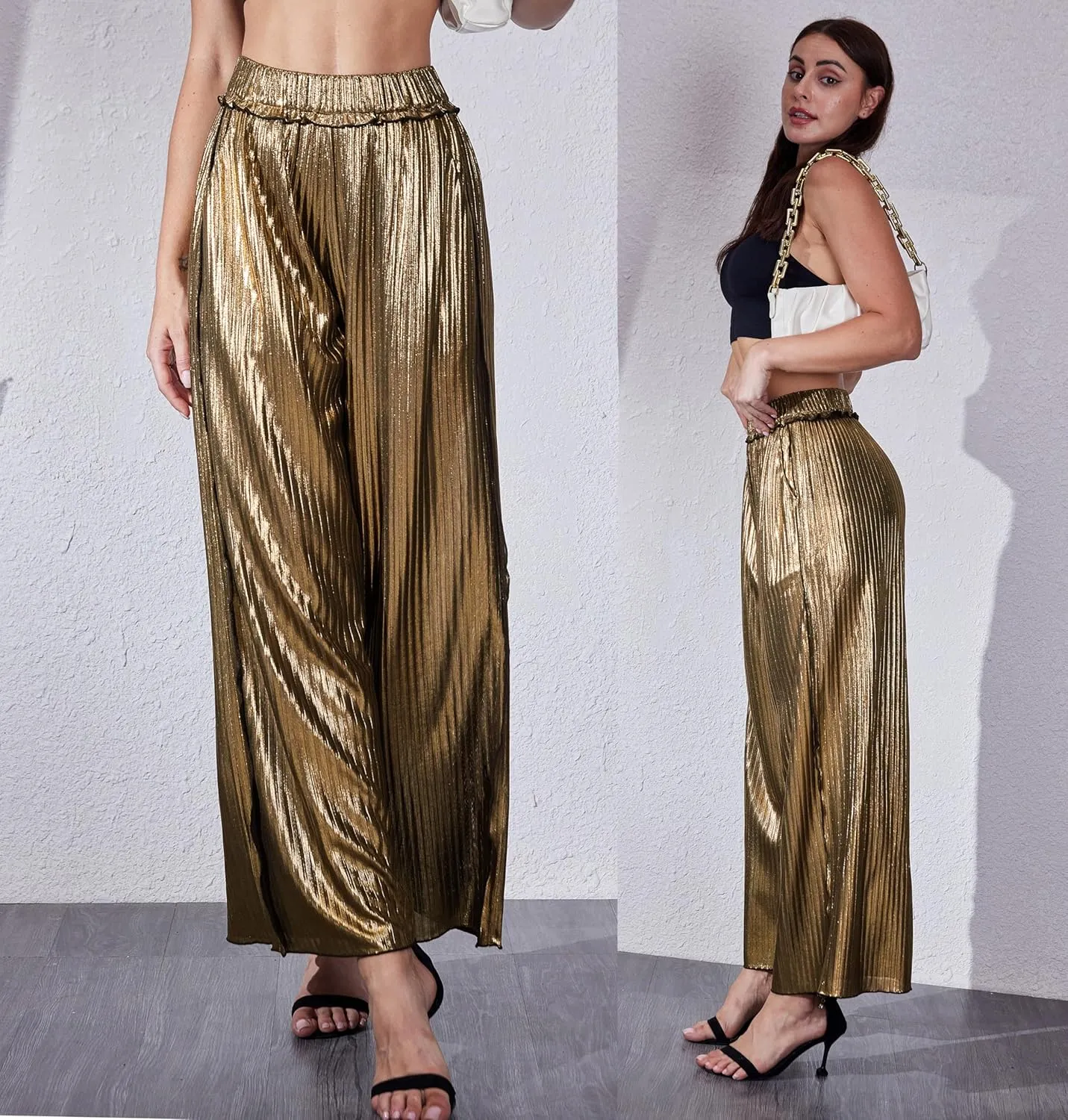 heipeiwa Women's Metallic Wide Leg Palazzo Pants Rib Pleated Raw Hem Party Club Sequin Slacks Pant