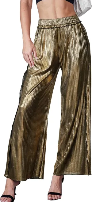 heipeiwa Women's Metallic Wide Leg Palazzo Pants Rib Pleated Raw Hem Party Club Sequin Slacks Pant