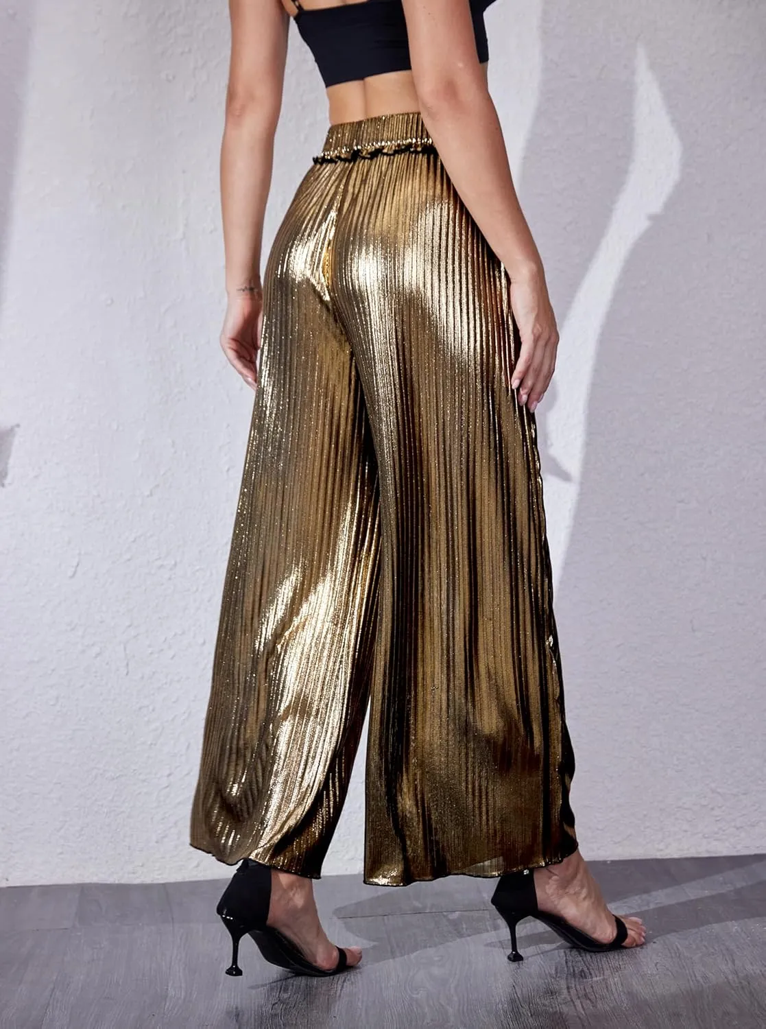heipeiwa Women's Metallic Wide Leg Palazzo Pants Rib Pleated Raw Hem Party Club Sequin Slacks Pant