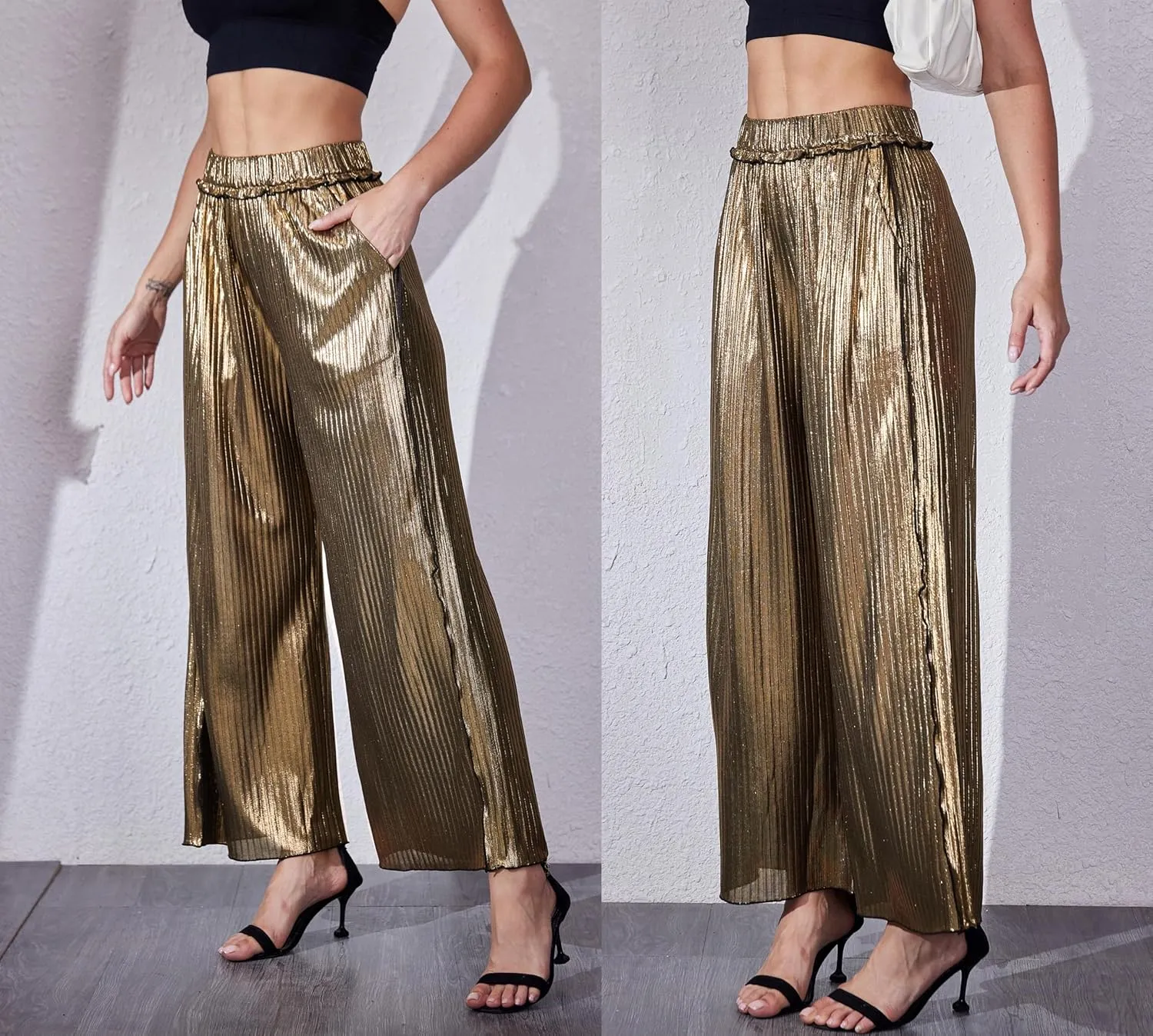 heipeiwa Women's Metallic Wide Leg Palazzo Pants Rib Pleated Raw Hem Party Club Sequin Slacks Pant