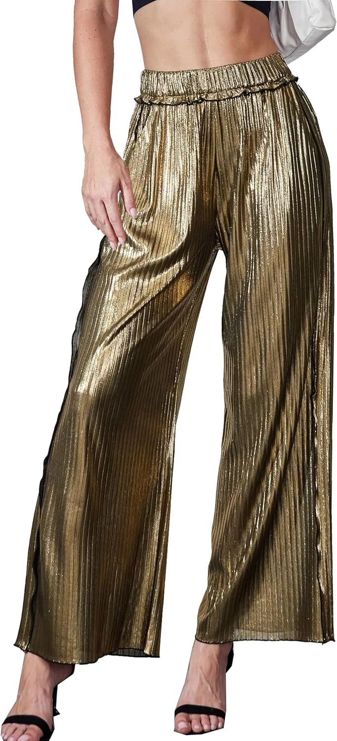 heipeiwa Women's Metallic Wide Leg Palazzo Pants Rib Pleated Raw Hem Party Club Sequin Slacks Pant