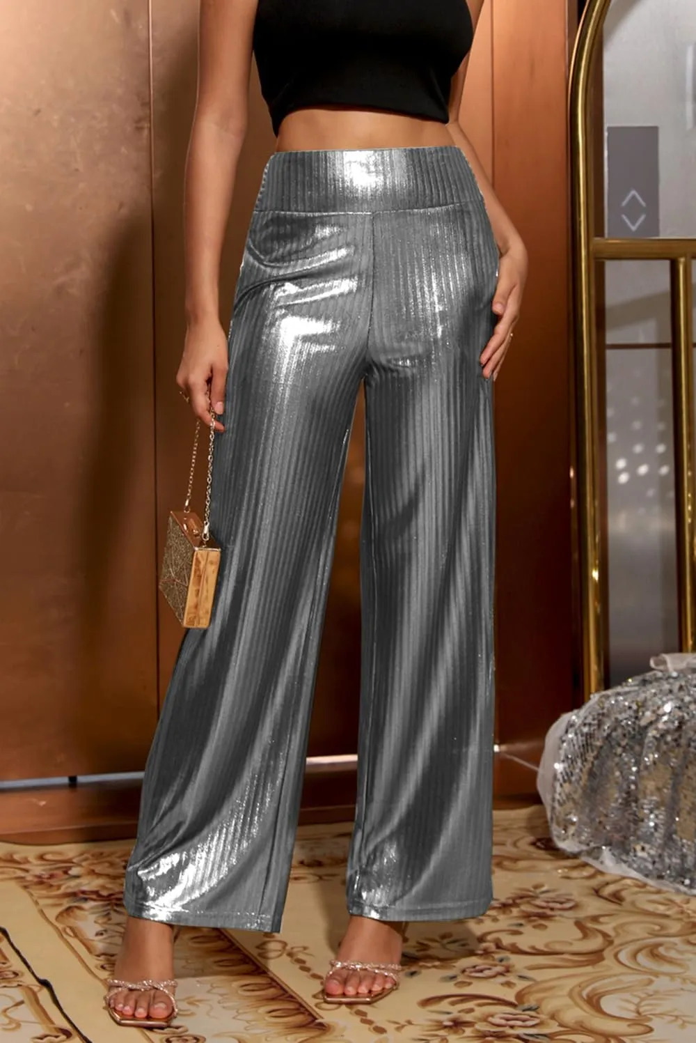 heipeiwa Women's Metallic Wide Leg Palazzo Pants Rib Pleated Smocked Waist Party Club Sequin Slacks Pant