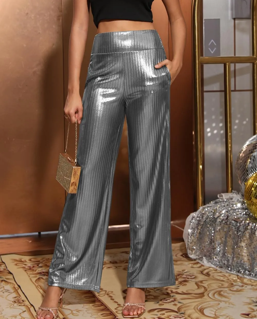 heipeiwa Women's Metallic Wide Leg Palazzo Pants Rib Pleated Smocked Waist Party Club Sequin Slacks Pant