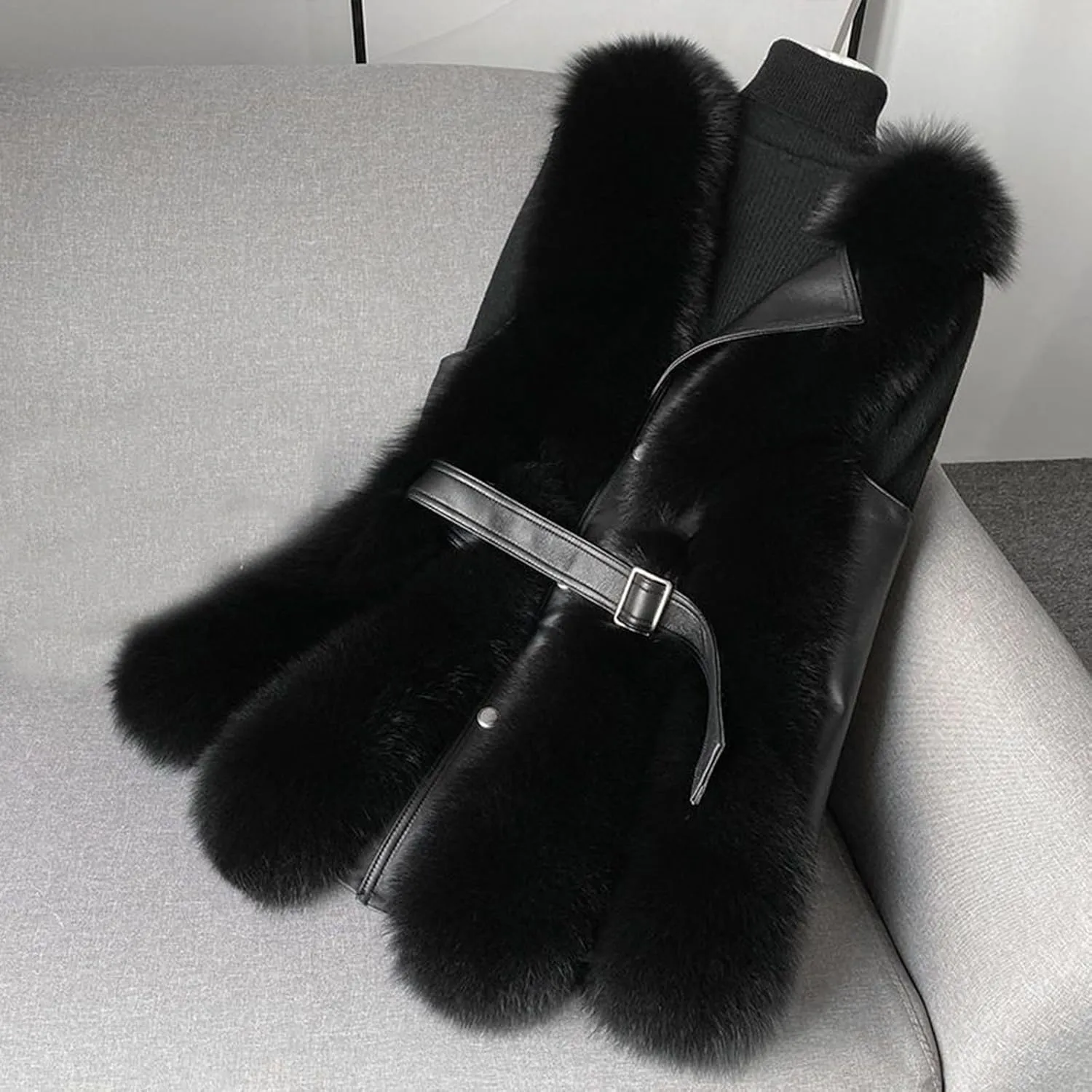 HGps8w Leather Patchwork Women's Faux Fur Vests - Faux Fox Fur Warm Fluffy Jacket - Furry Outerwear Winter Coats with Belt