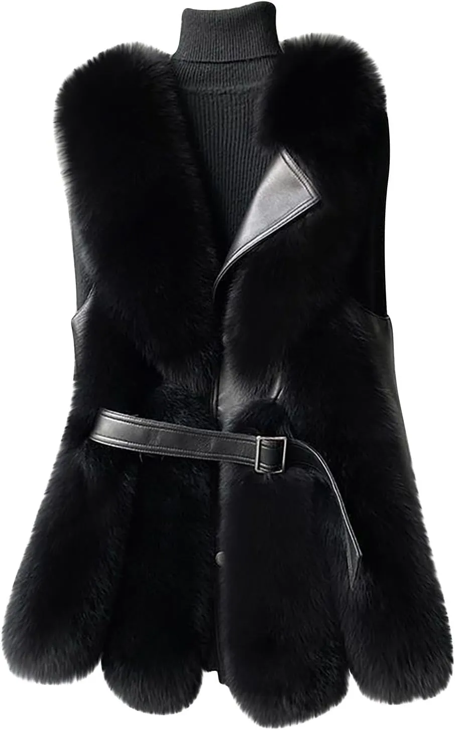 HGps8w Leather Patchwork Women's Faux Fur Vests - Faux Fox Fur Warm Fluffy Jacket - Furry Outerwear Winter Coats with Belt
