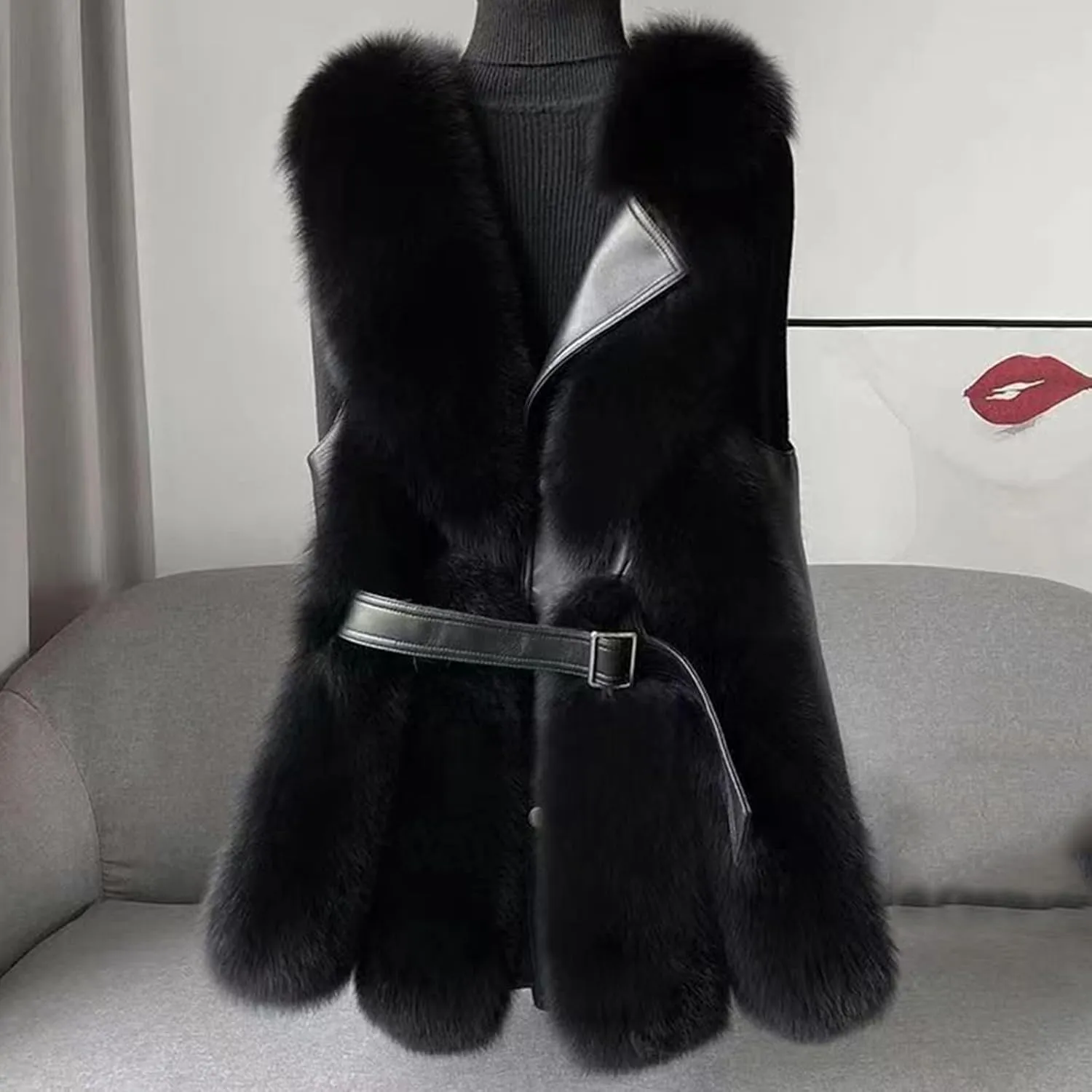 HGps8w Leather Patchwork Women's Faux Fur Vests - Faux Fox Fur Warm Fluffy Jacket - Furry Outerwear Winter Coats with Belt