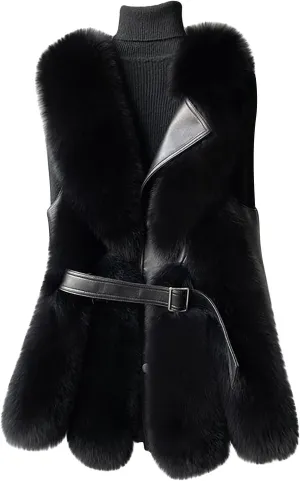 HGps8w Leather Patchwork Women's Faux Fur Vests - Faux Fox Fur Warm Fluffy Jacket - Furry Outerwear Winter Coats with Belt