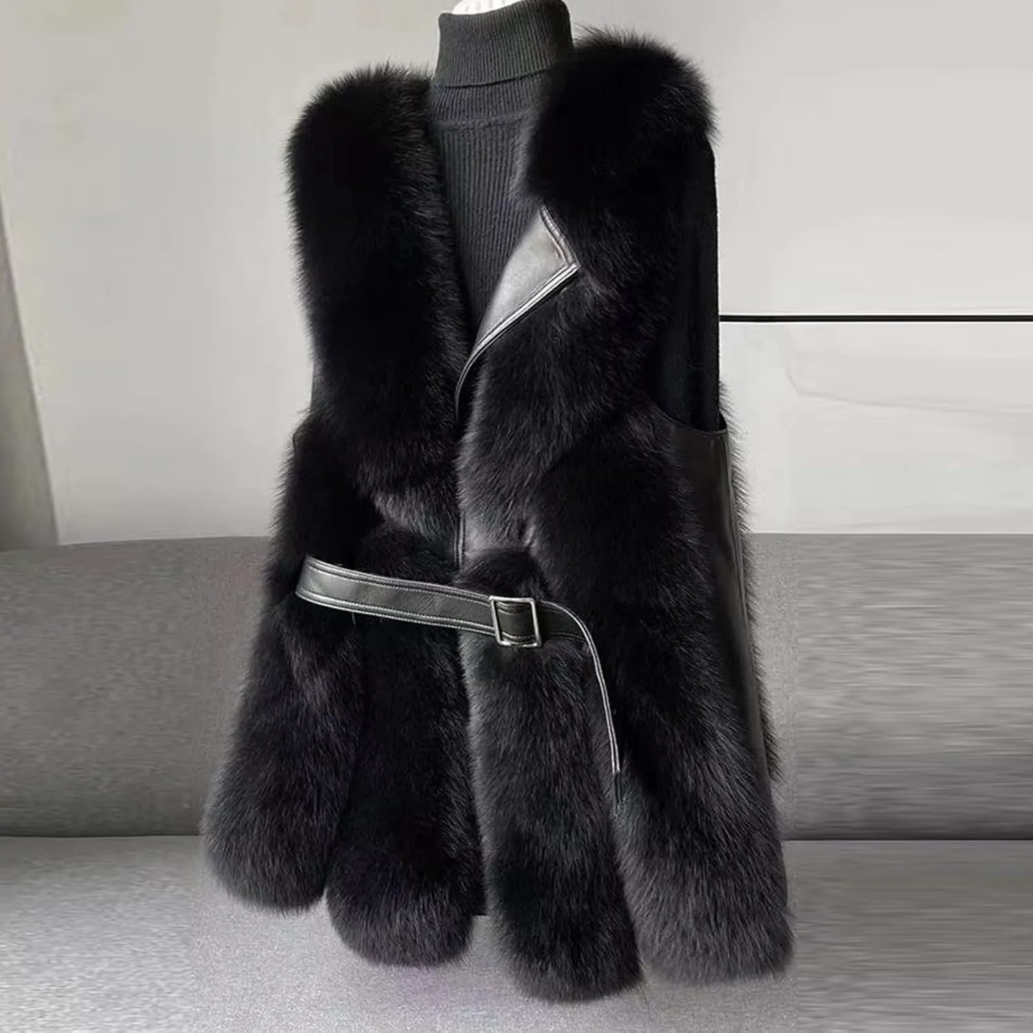 HGps8w Leather Patchwork Women's Faux Fur Vests - Faux Fox Fur Warm Fluffy Jacket - Furry Outerwear Winter Coats with Belt