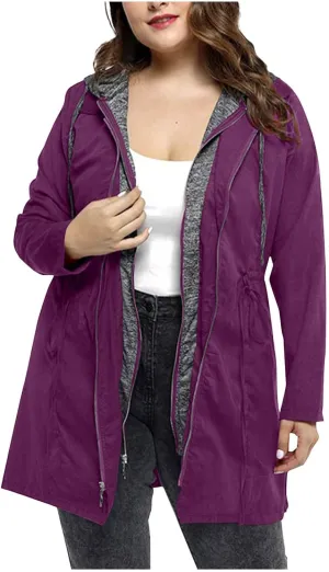 HGps8w Plus Size Hooded Outerwear Jacket for Women Fake-Two Pieces Full Zip Up Windbreaker Outdoor Trench Coat with Pockets