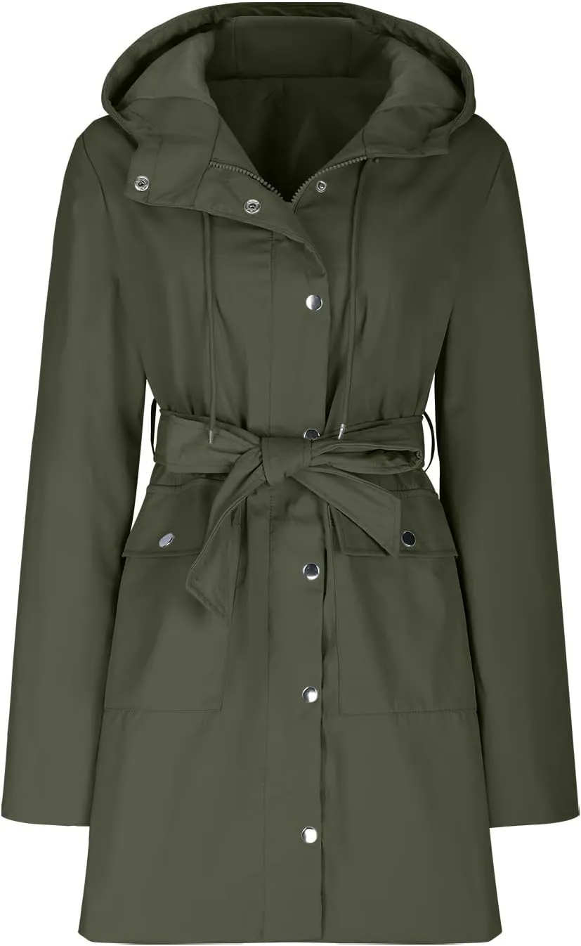 HGps8w Women's Raincoat Belted Waist Waterproof Hooded Trench Coats Lightweight Outdoor Windbreaker Long Travel Jackets