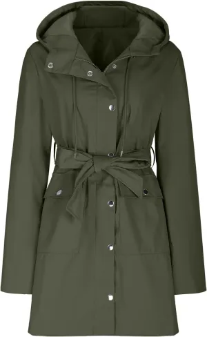 HGps8w Women's Raincoat Belted Waist Waterproof Hooded Trench Coats Lightweight Outdoor Windbreaker Long Travel Jackets