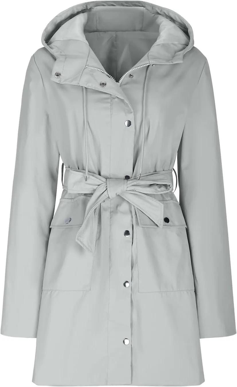 HGps8w Women's Raincoat Belted Waist Waterproof Hooded Trench Coats Lightweight Outdoor Windbreaker Long Travel Jackets
