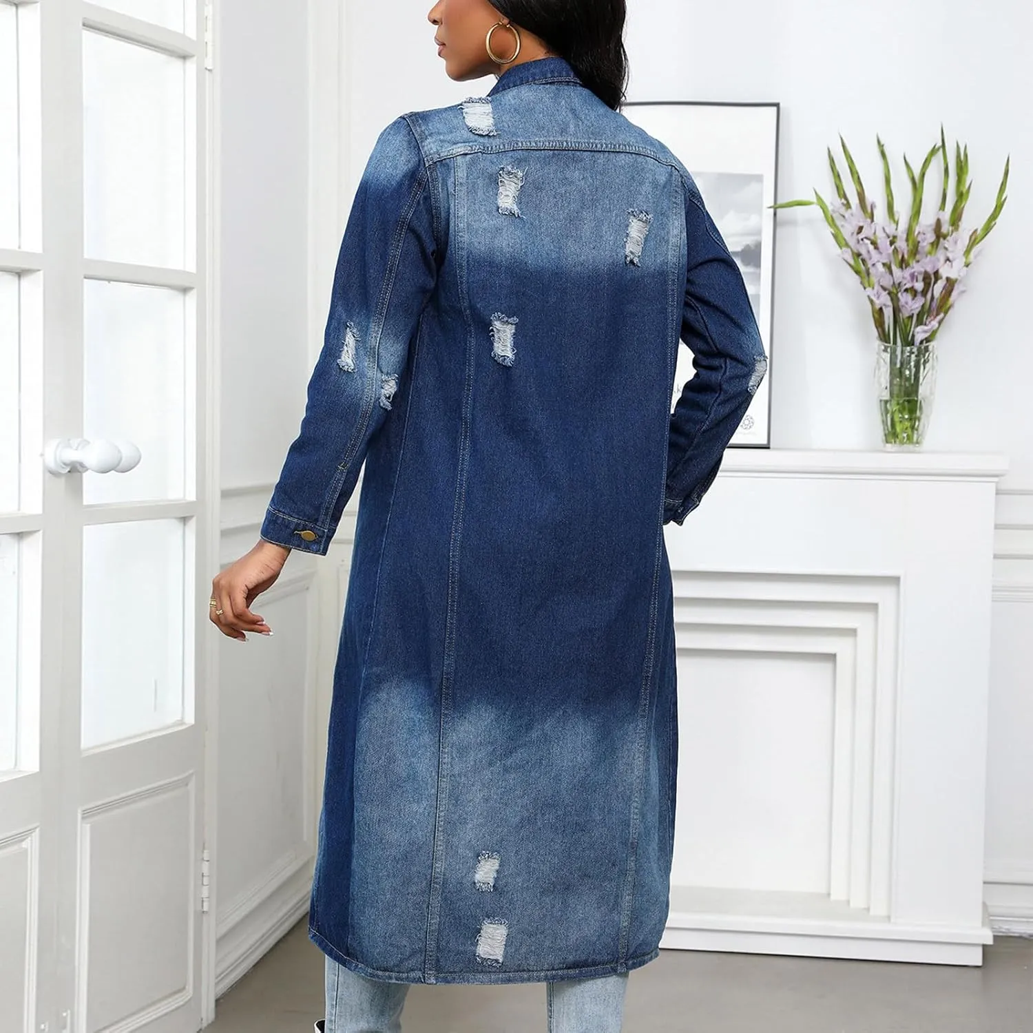 HGps8w Women's Ripped Distressed Washed Long Denim Jackets Lapel Button Down Long Sleeve Trench Coat Outwear with Pockets