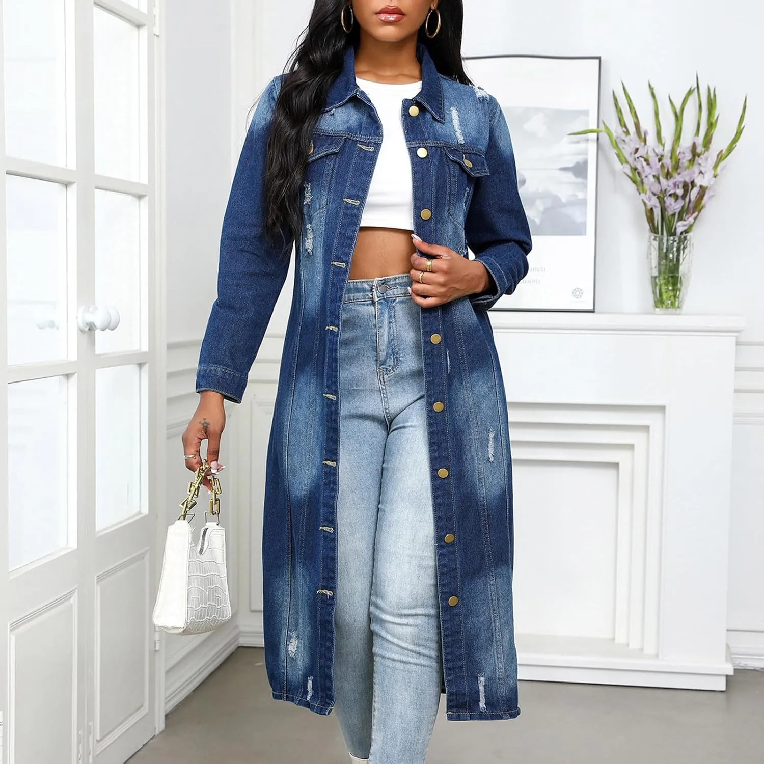 HGps8w Women's Ripped Distressed Washed Long Denim Jackets Lapel Button Down Long Sleeve Trench Coat Outwear with Pockets