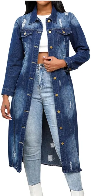 HGps8w Women's Ripped Distressed Washed Long Denim Jackets Lapel Button Down Long Sleeve Trench Coat Outwear with Pockets