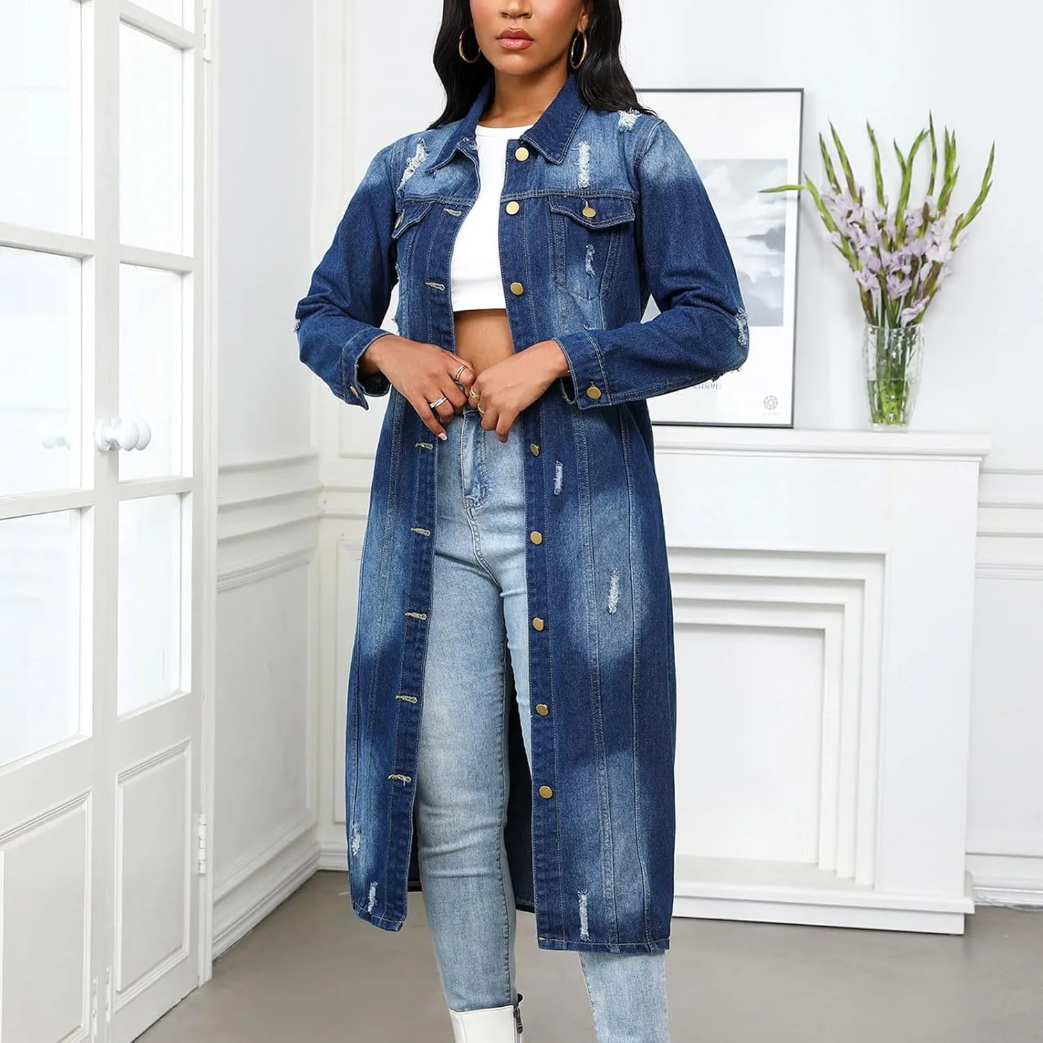 HGps8w Women's Ripped Distressed Washed Long Denim Jackets Lapel Button Down Long Sleeve Trench Coat Outwear with Pockets