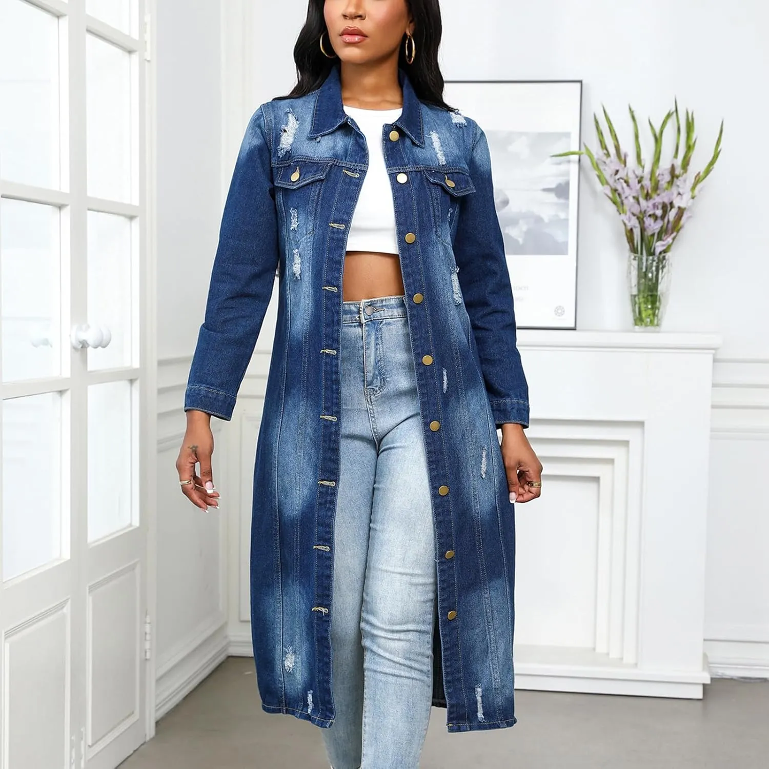 HGps8w Women's Ripped Distressed Washed Long Denim Jackets Lapel Button Down Long Sleeve Trench Coat Outwear with Pockets