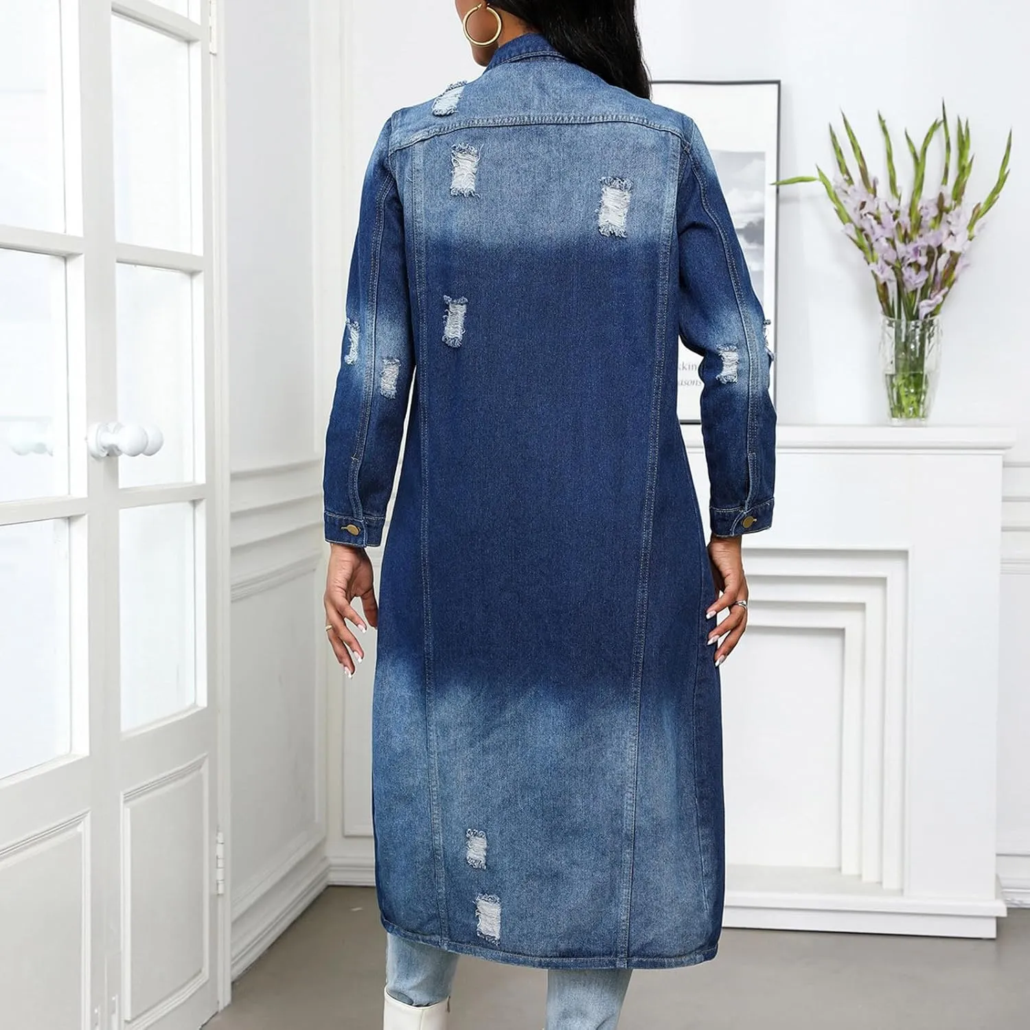 HGps8w Women's Ripped Distressed Washed Long Denim Jackets Lapel Button Down Long Sleeve Trench Coat Outwear with Pockets