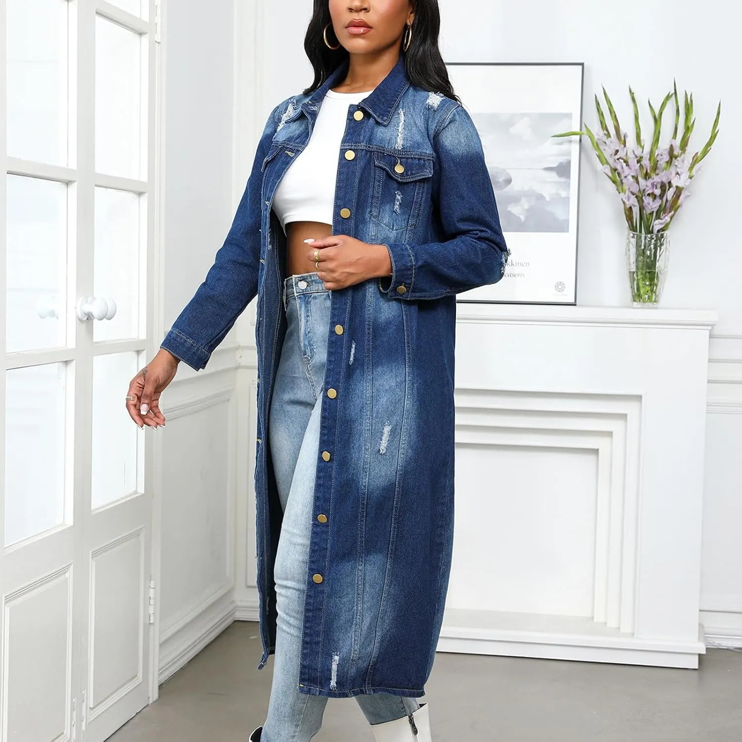 HGps8w Women's Ripped Distressed Washed Long Denim Jackets Lapel Button Down Long Sleeve Trench Coat Outwear with Pockets